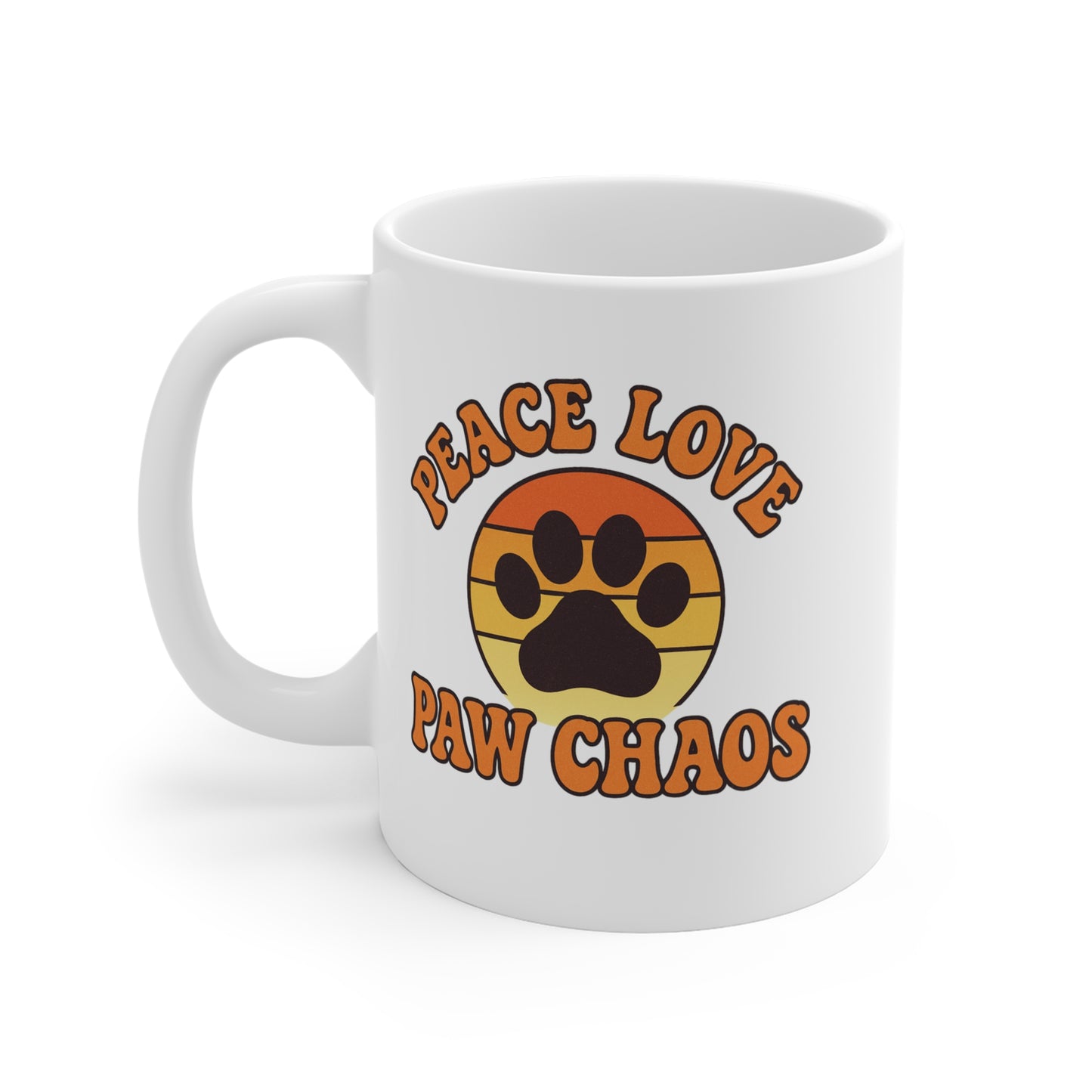 White mug with 'Peace Love Paw Chaos' design featuring a paw print on a white background