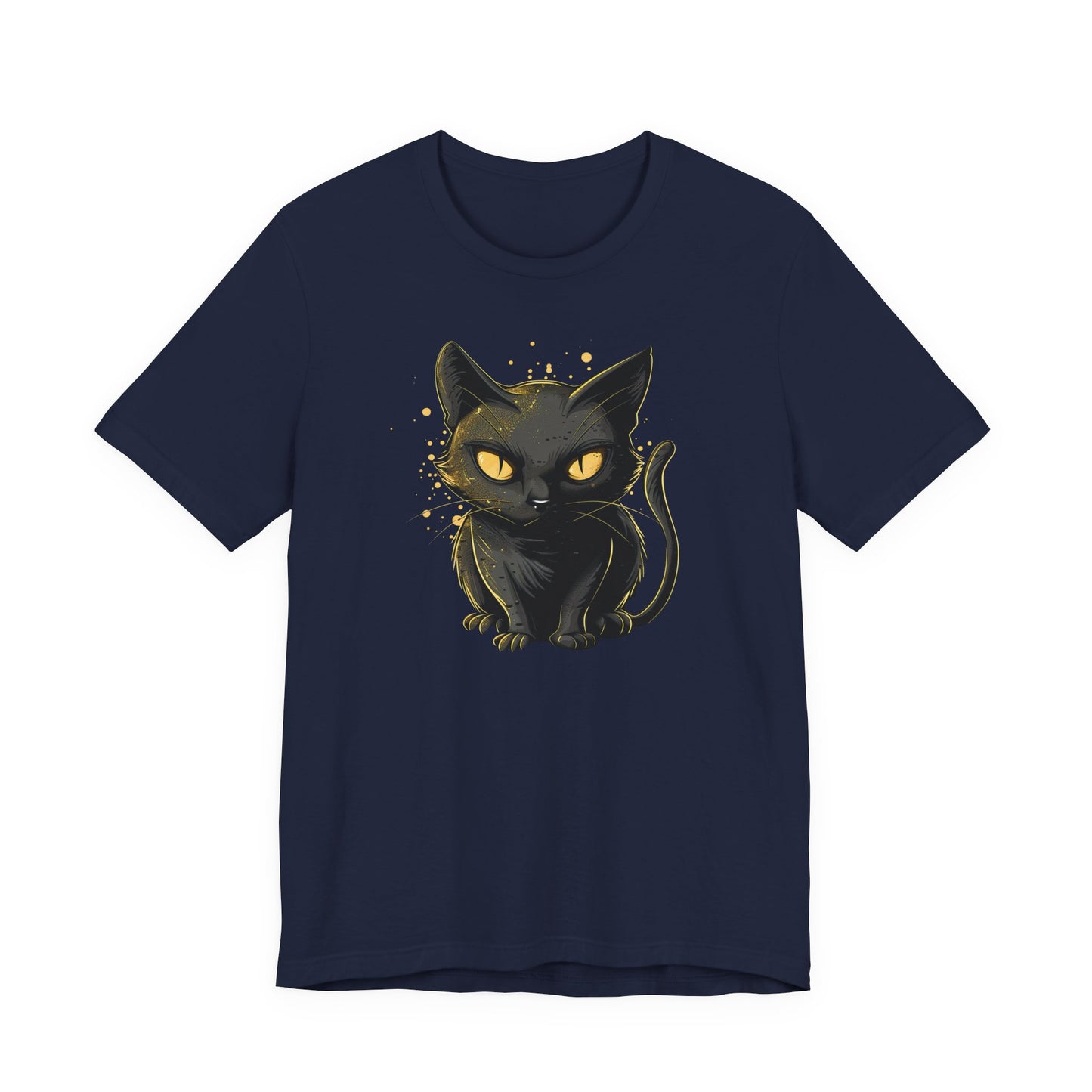 A navy blue short-sleeve crewneck t-shirt featuring a graphic of a cute black cat with glowing yellow eyes on the front, displayed against a solid white background.
