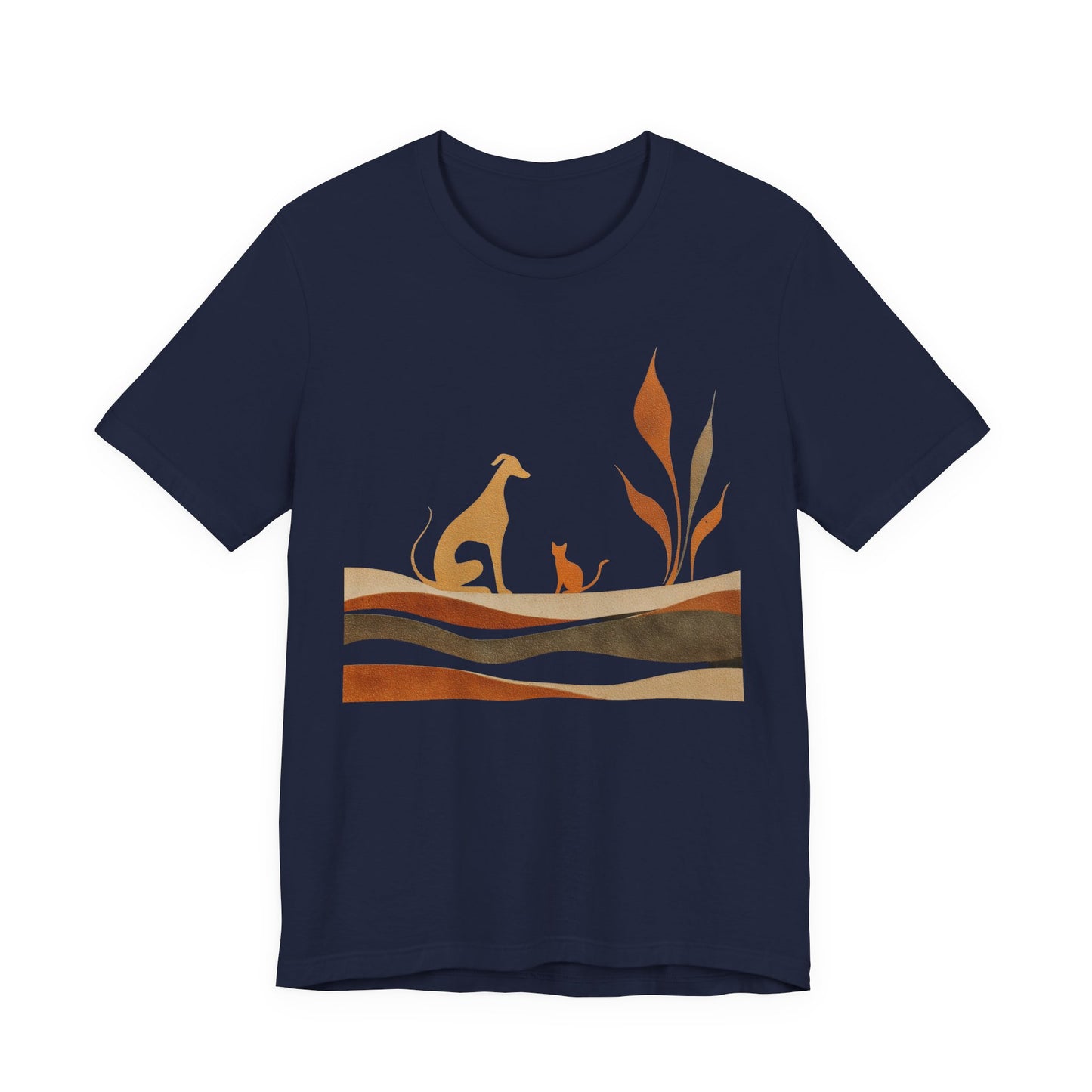 Navy t-shirt with desert dog and cat silhouette illustration in warm Southwest sand dune colors