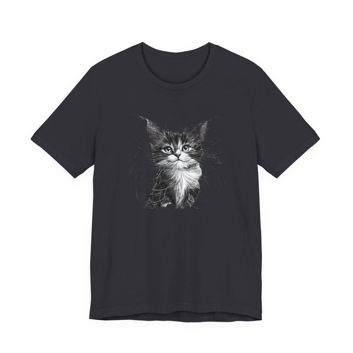 Black and white kitten sketch on a dark navy unisex tee