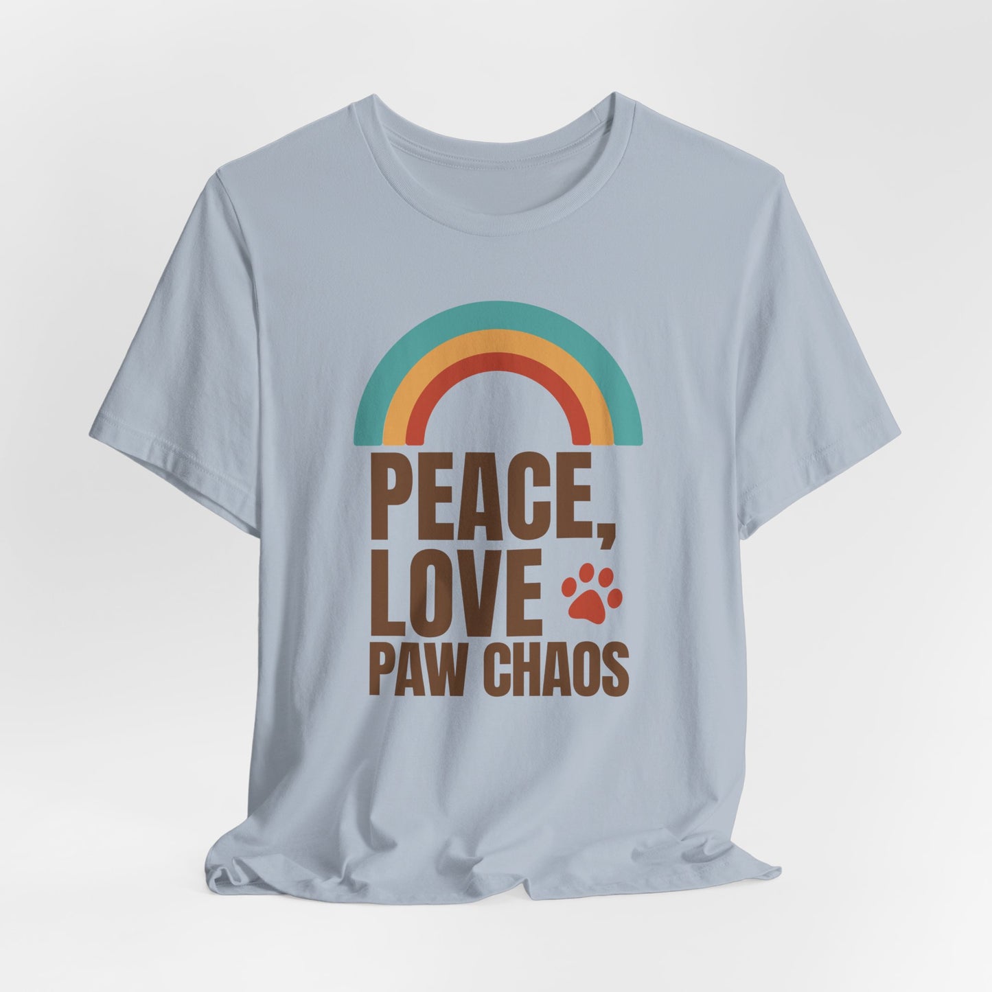 Peace Love Paw Chaos retro rainbow t-shirt, light blue, unisex pet lover tee