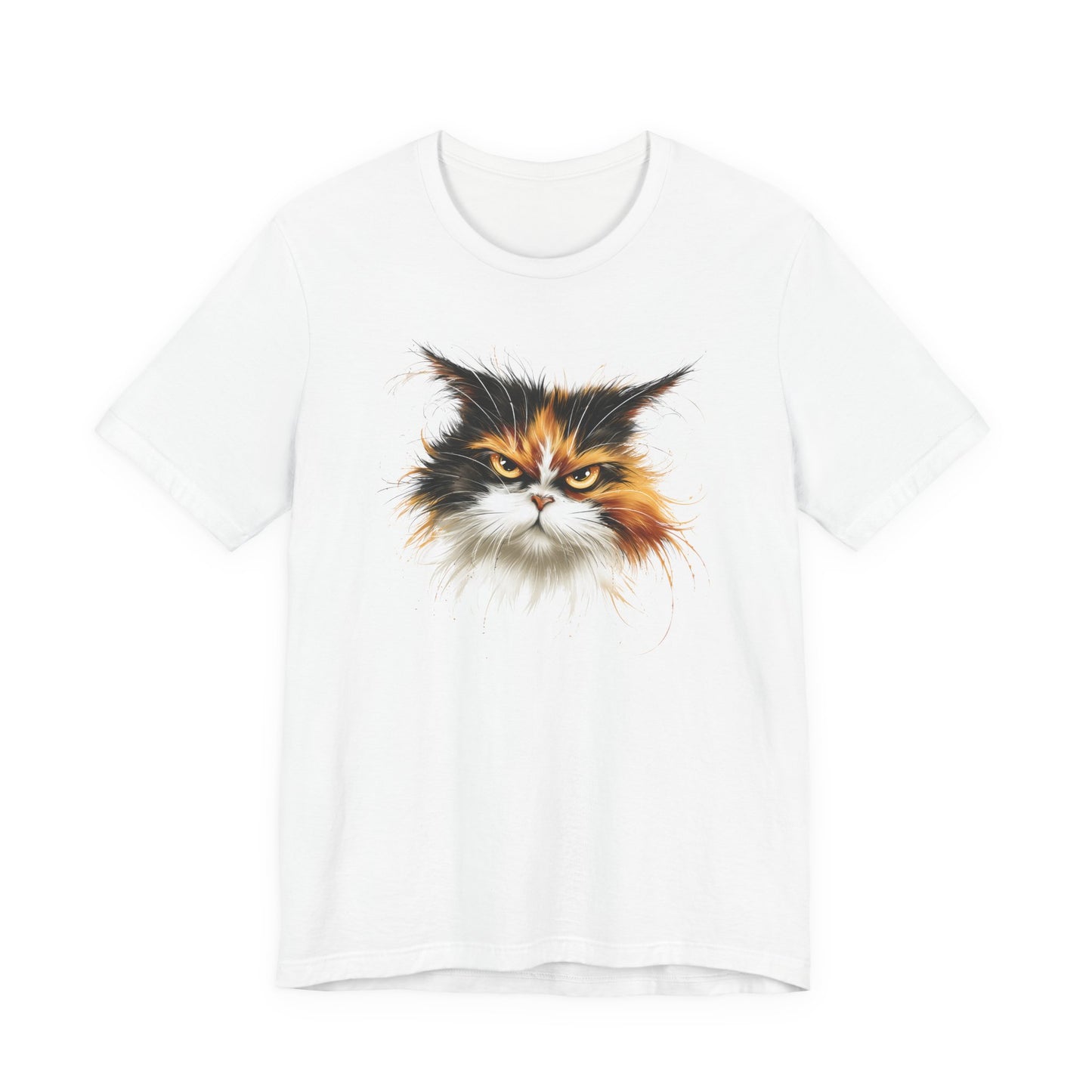 White cat art t-shirt featuring an intense grumpy calico face with orange, black, and white fur on a soft black tee.
