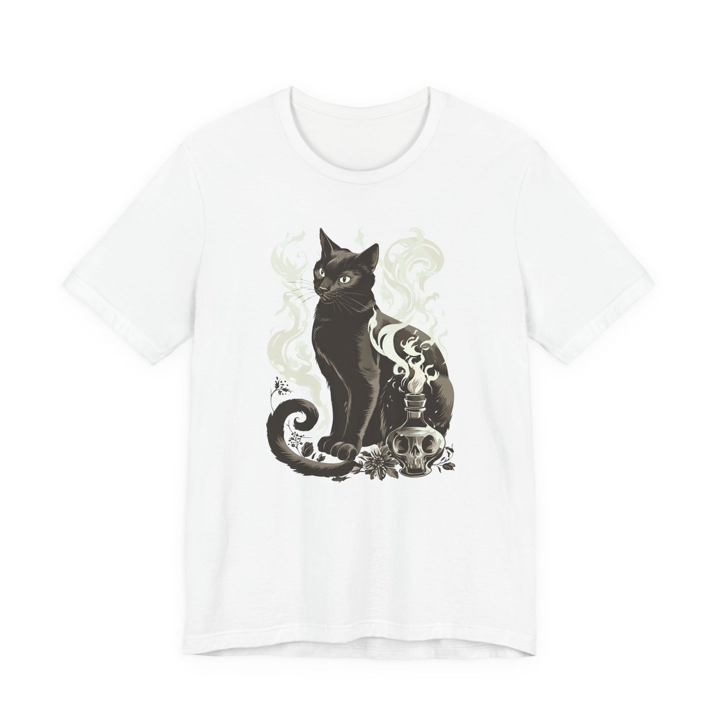 A white short-sleeve crewneck t-shirt featuring a graphic print of a black cat sitting next to a skull with smoke details, displayed on a clean white background.