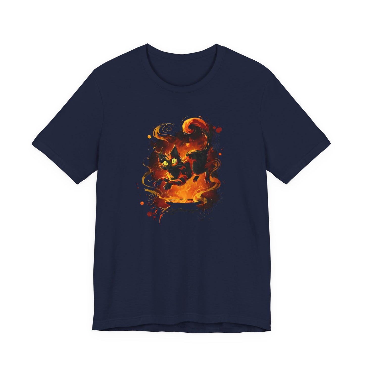 Navy t-shirt with a black cat with glowing green eyes, emerging from a fiery void of swirling flames and sparks coming out of a caldron.