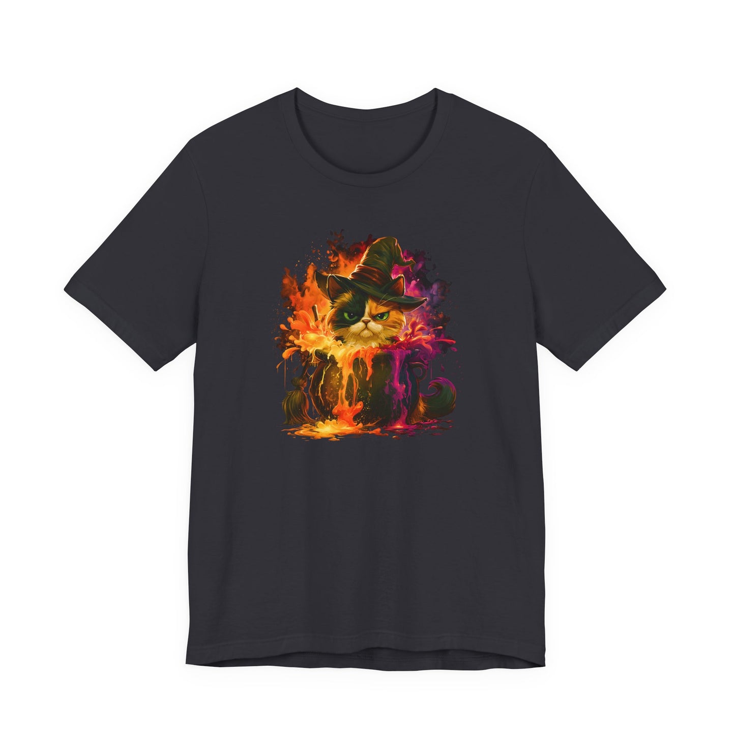 A dark charcoal gray short-sleeve t-shirt with a colorful graphic print of a cat wearing a witch hat surrounded by flames, shown against a plain white background.