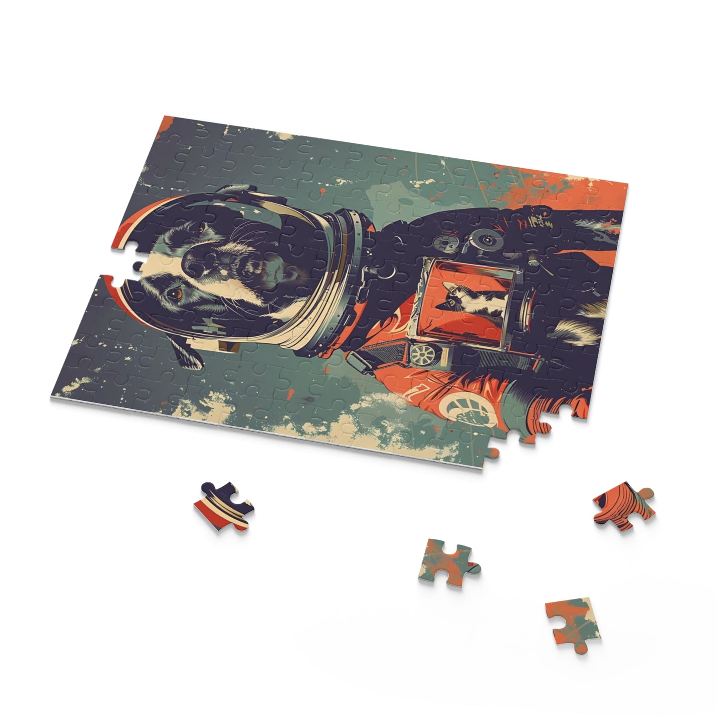 Jigsaw puzzle with a space-themed design on a white background