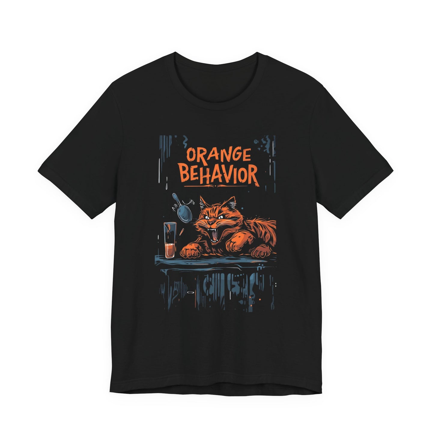 Black t-shirt with 'Orange Behavior' graphic design featuring a fox and a glass on a white background