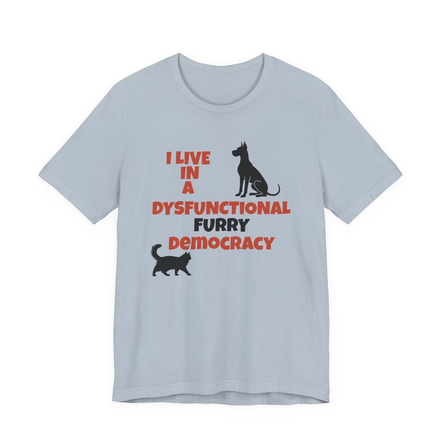 Light blue t-shirt with dog and cat graphics and text on a white background
