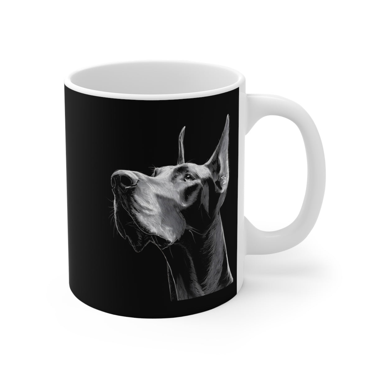 Great Dane mug showcasing a detailed line art portrait of a dog against a black backdrop