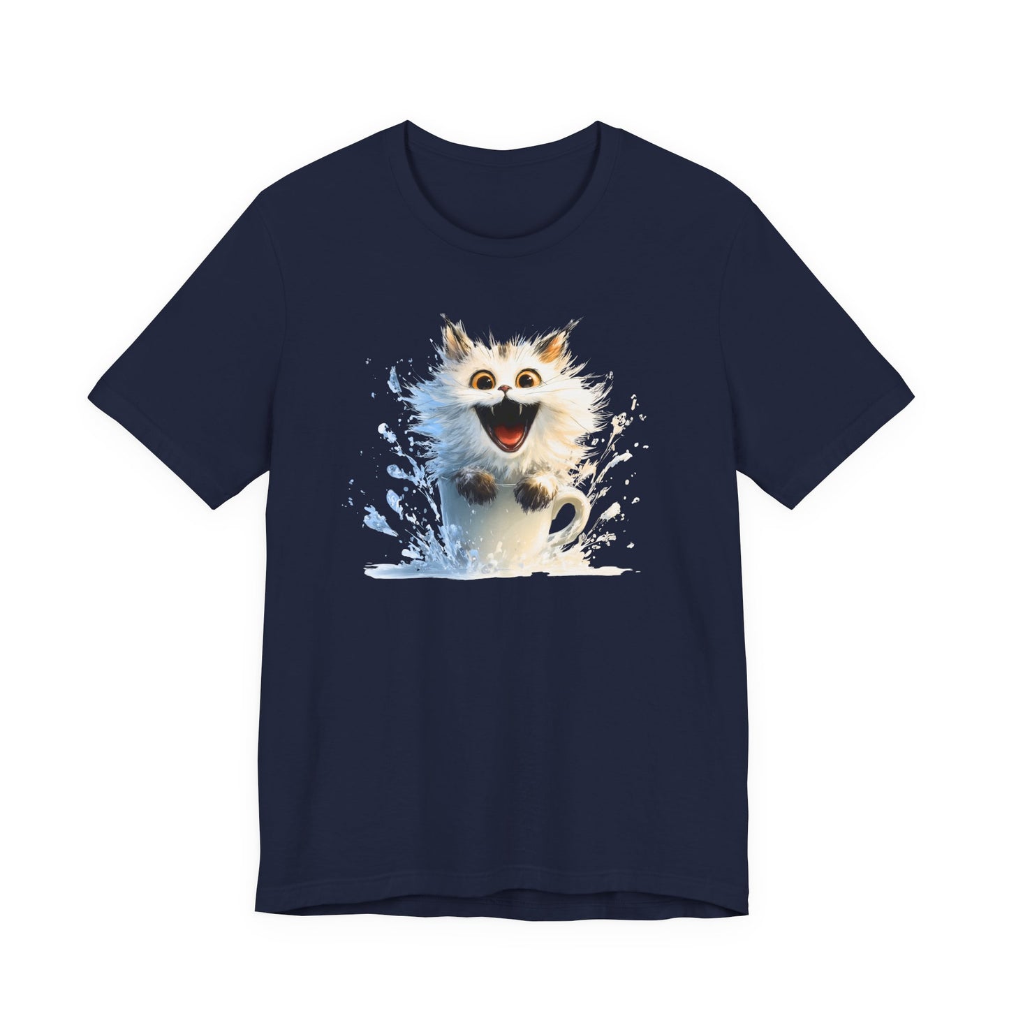 A navy blue short-sleeve crewneck t-shirt featuring a graphic print of a fluffy white cat with an open mouth smile and expressive eyes, surrounded by a white splash design, shown against a plain white background.