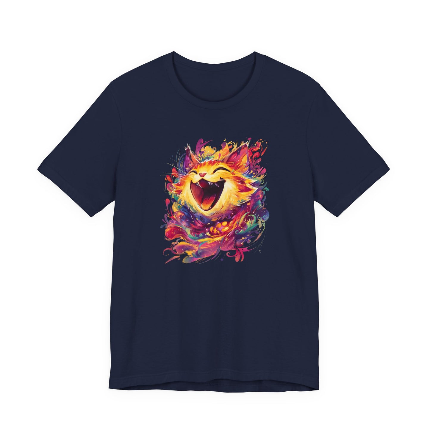 Navy t-shirt with a colorful graphic print of a laughing, smiling cat face in a vibrant watercolor splatter style on the chest.