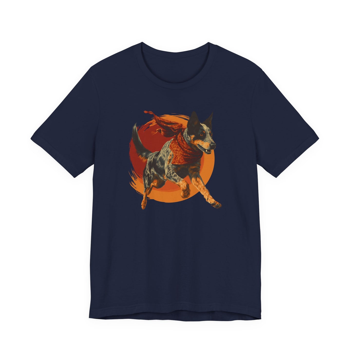 A navy blue short-sleeve crewneck t-shirt featuring a graphic print of a running dog in front of a large orange sun.