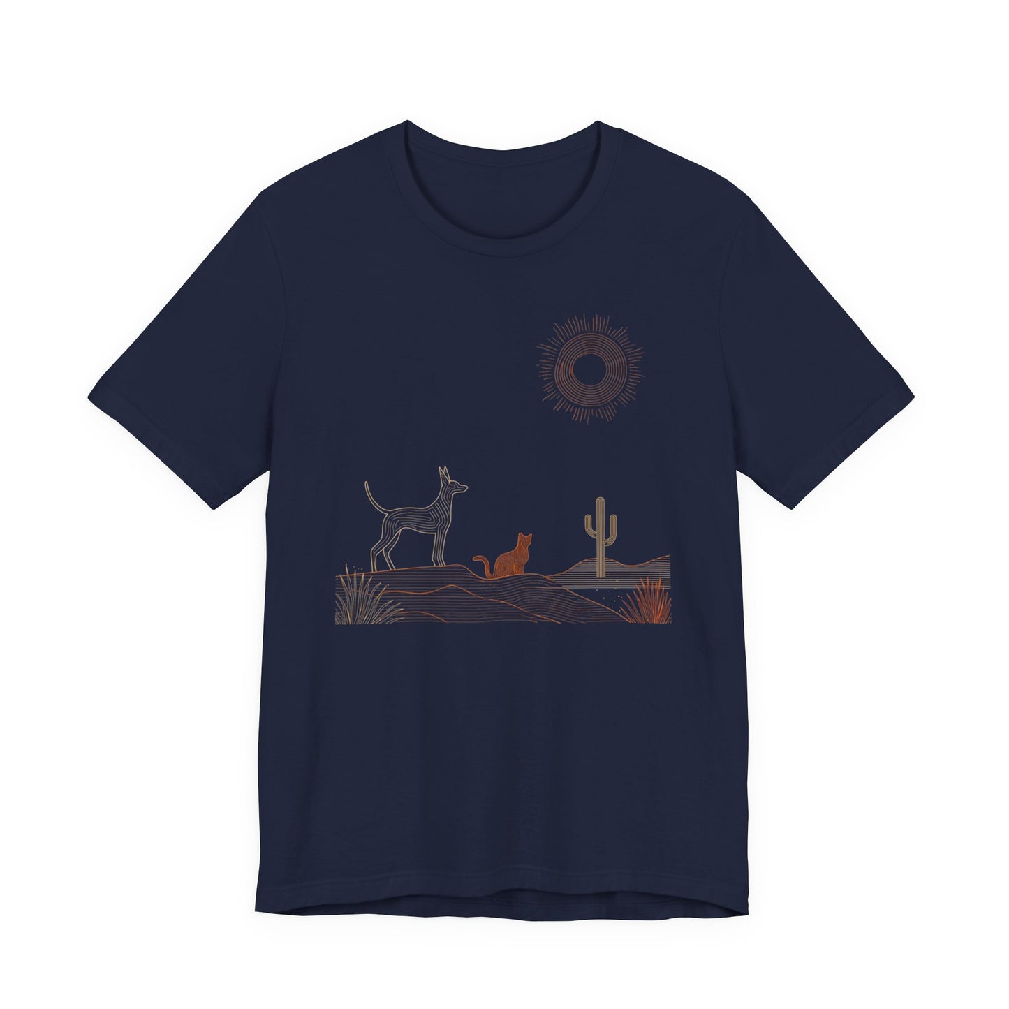 Navy blue t-shirt with minimalist desert dog and cat illustration, cactus, and stylized sunset