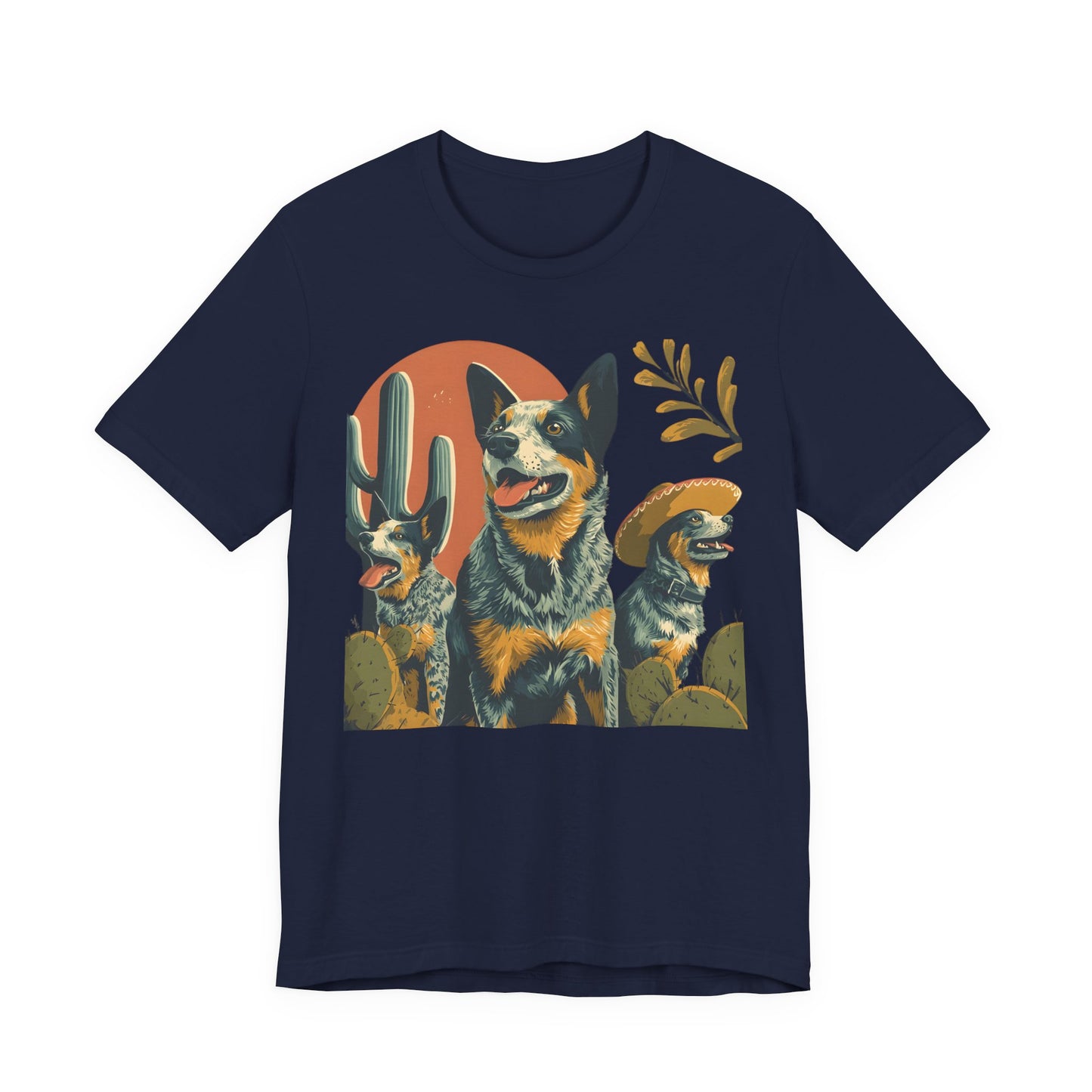 Navy t-shirt with three Blue Heelers in a desert scene with cactus, sunset colors, and one dog wearing a sombrero
