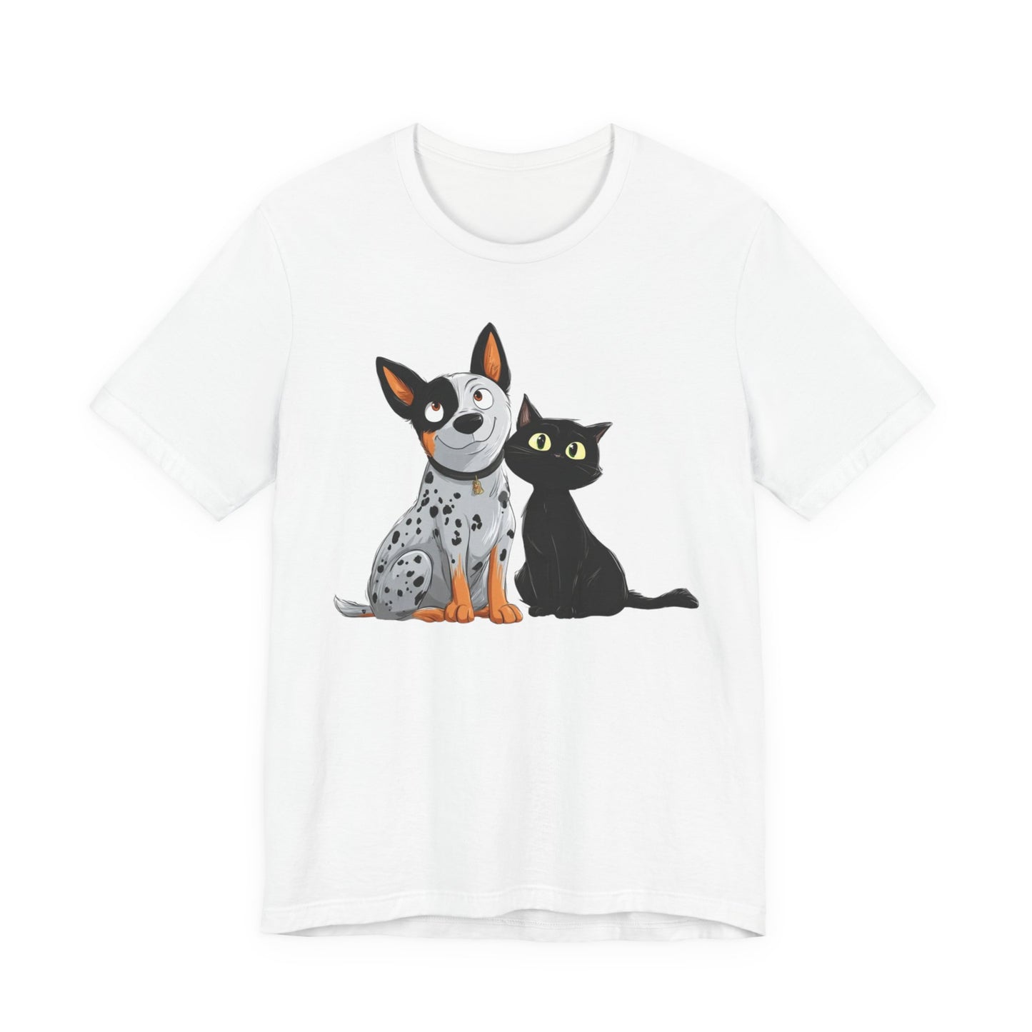 White t-shirt with cute cattle dog and black cat illustration sitting together