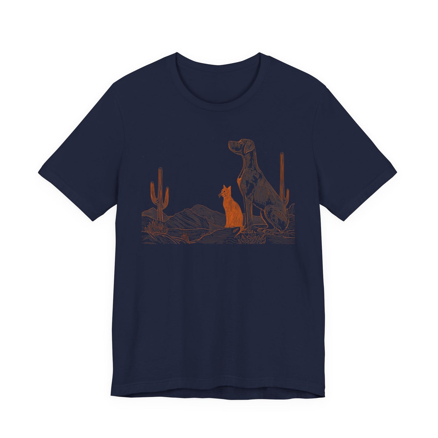 Navy t-shirt with desert dog and orange cat illustration in a Southwest saguaro sunset scene