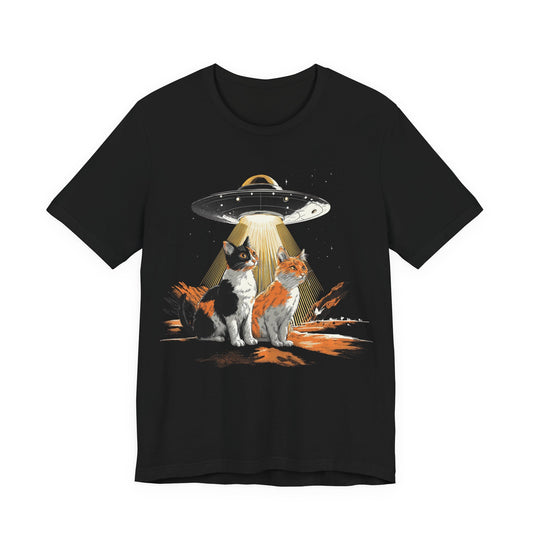 UFO cat t-shirt alien abduction cats graphic tee two cats under UFO beam