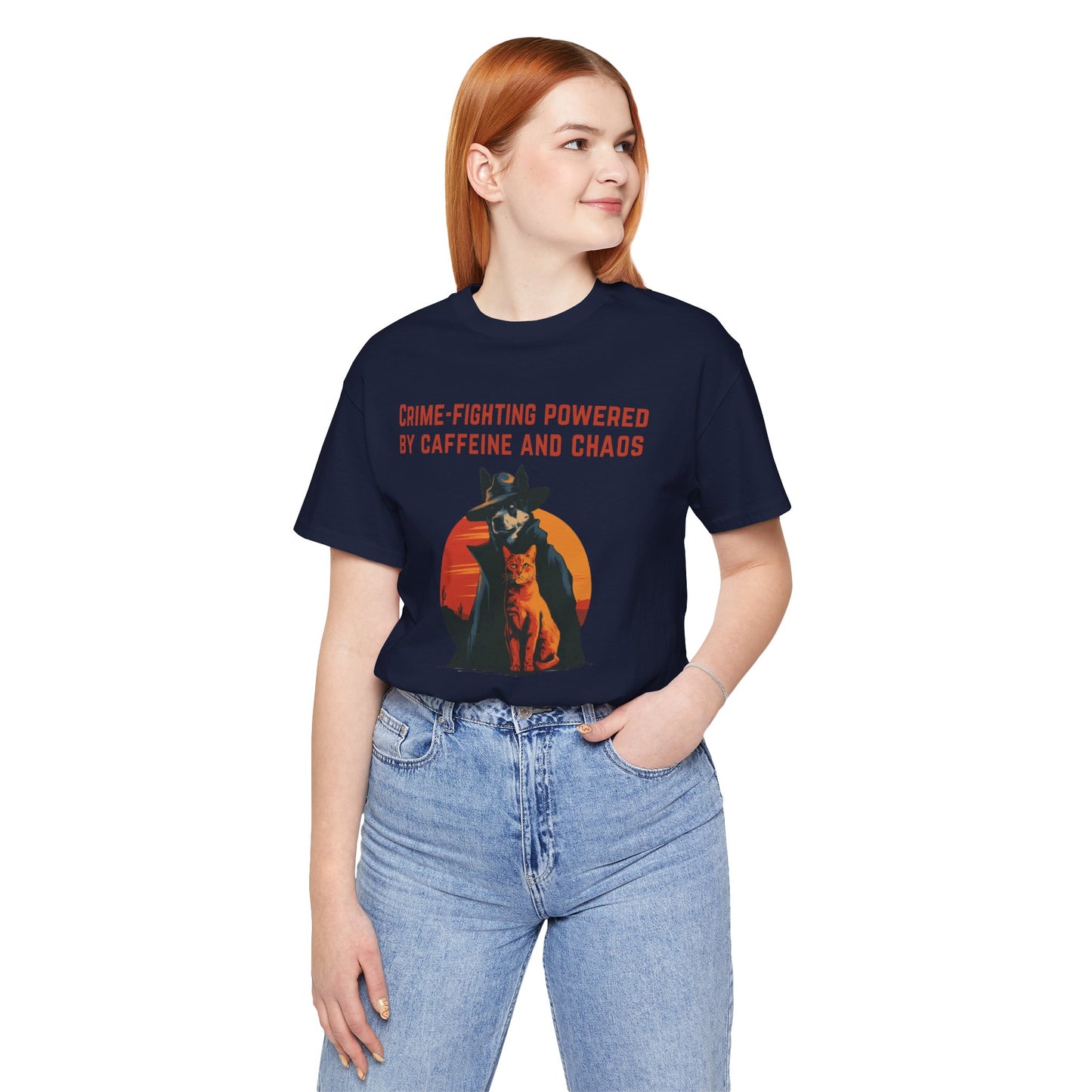 Noir Detective Dog & Orange Cat T-Shirt — Retro Crime-Fighting Pet Tee