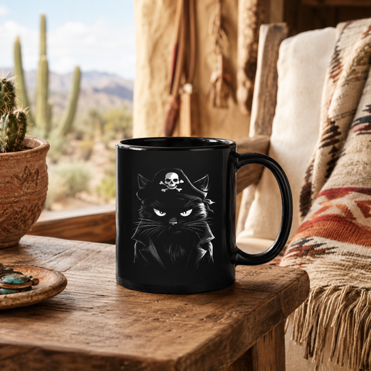 Black mug with a pirate cat design, placed on a rustic wooden table in a cozy setting.