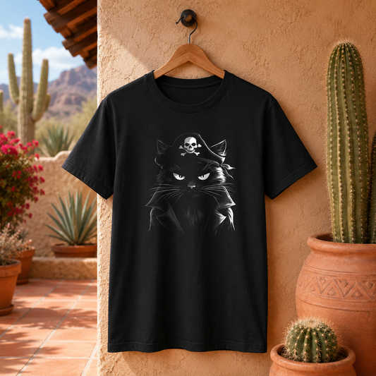 Black pirate-themed cat graphic tee hanging on a wooden hanger in a desert-style setting.