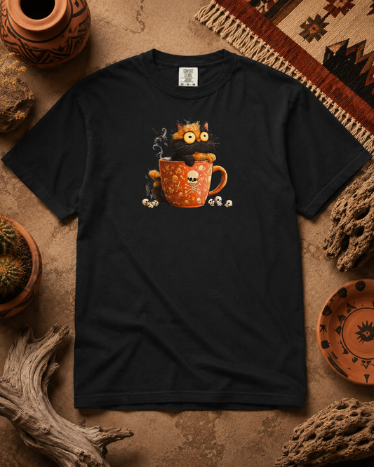 A black short-sleeve t-shirt with a colorful graphic of a cat peeking out of a mug, styled in a flat-lay with rustic desert-themed props like pottery, dried wood, and a woven rug.