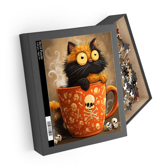 Jigsaw puzzle box with a cat in a mug design on the cover
