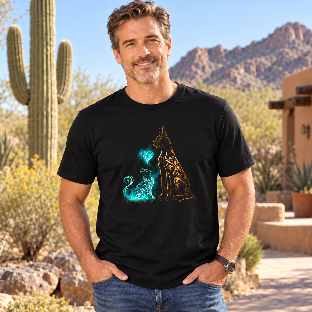 Man wearing a black tee with a dog and cat design in a desert setting.