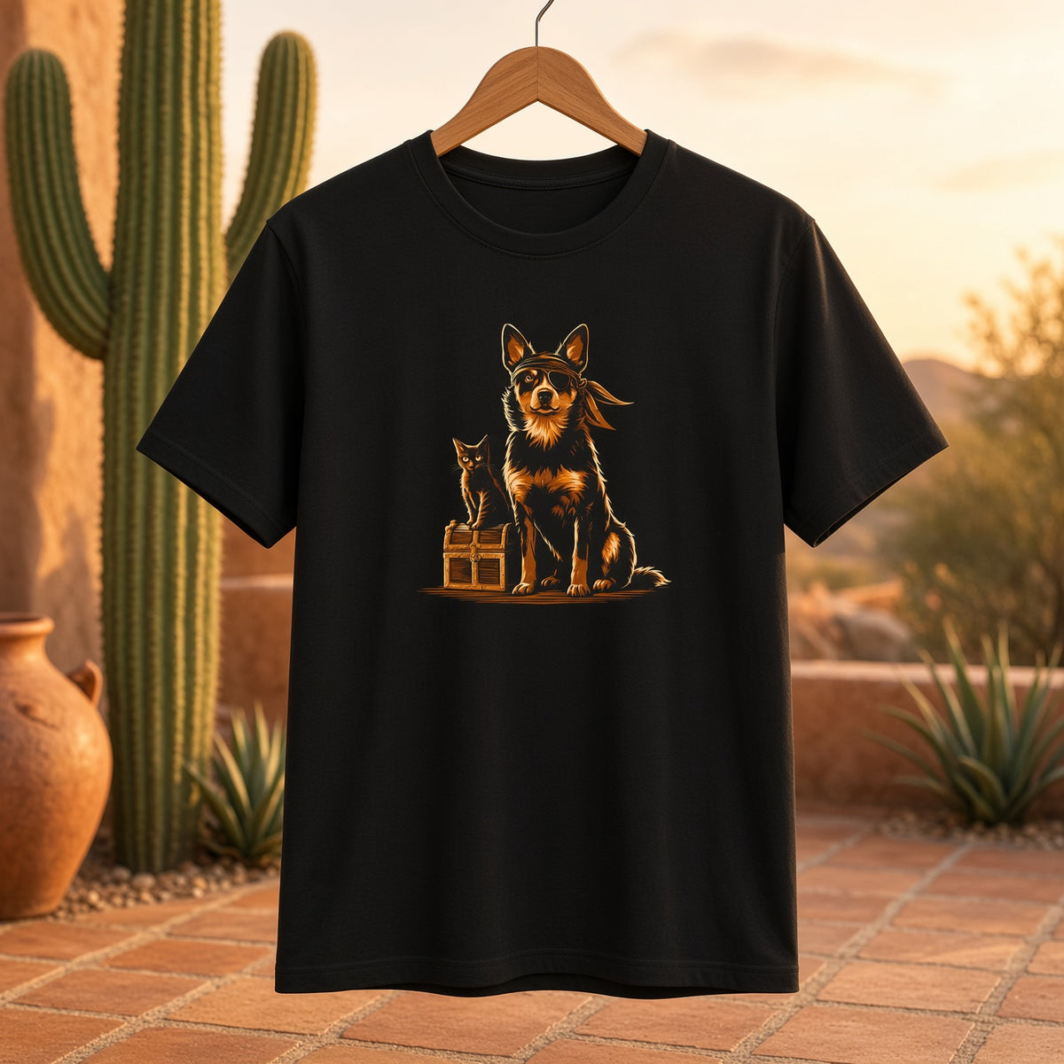 Black t-shirt featuring a dog and cat on a treasure chest design hanging against a desert backdrop.