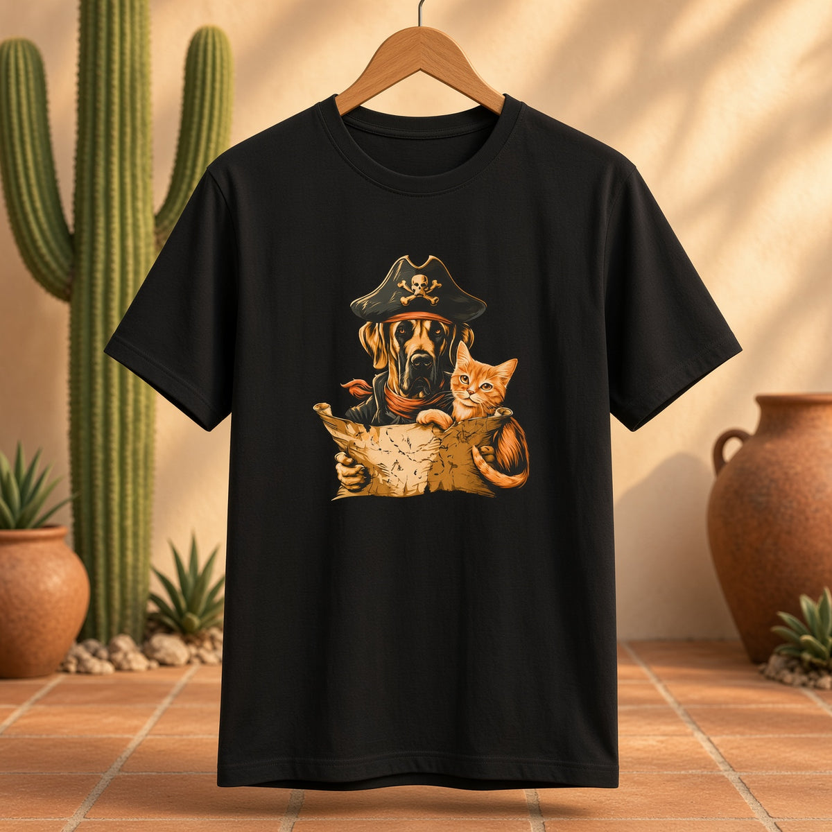 Black t-shirt with a dog and cat pirate design hanging in a sunlit room with cacti.