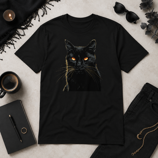 Midnight Feral Black Cat Shirt with hyperrealistic black cat portrait and glowing amber eyes on black tee flat lay