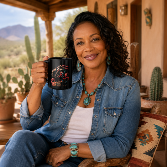 Woman holding a black mug with a pirate cat design, smiling outdoors.