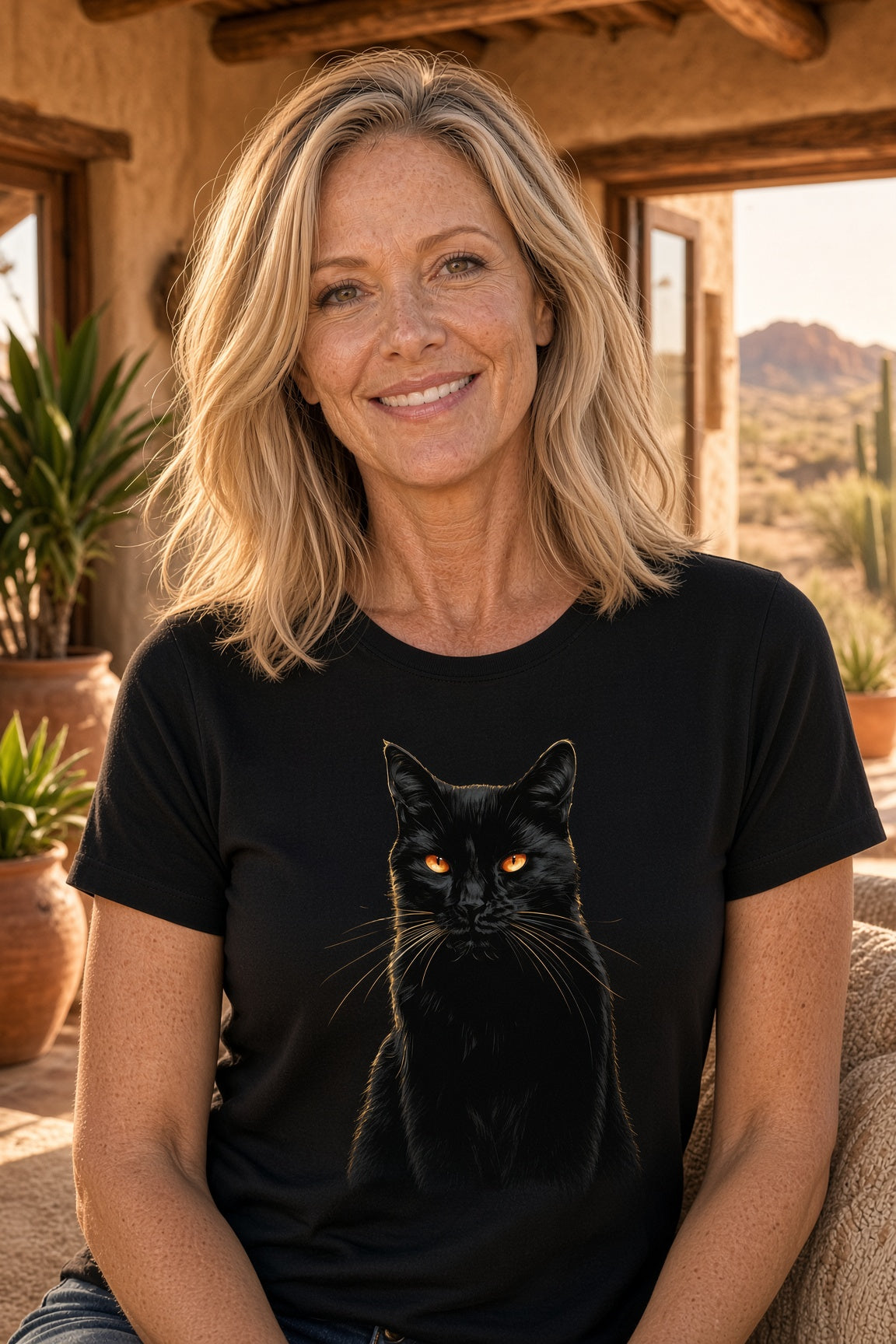 Midnight Feral Black Cat Shirt | Black Cat Portrait Tee with Glowing Amber Eyes