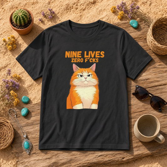 Black t-shirt featuring an orange cat design and funny text on a wooden surface.