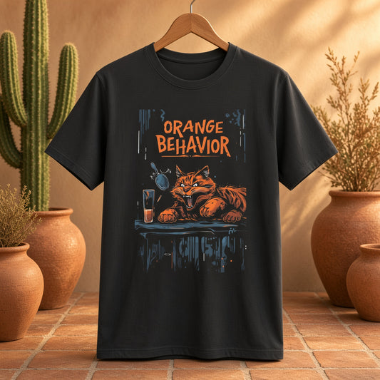 Black t-shirt hanging on a wooden hanger with an orange tabby cat graphic and the text 'ORANGE BEHAVIOR'.