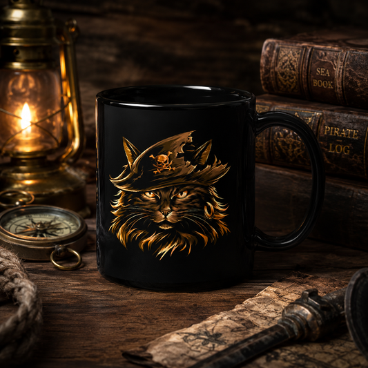 Black mug with a pirate cat illustration, surrounded by a lantern and old books.