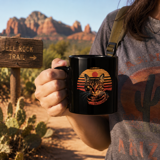 Black ceramic cat mug with retro sunset tabby design on a Southwestern adobe patio with rising steam, cactus planter, woven rug, and desert mountain view.
