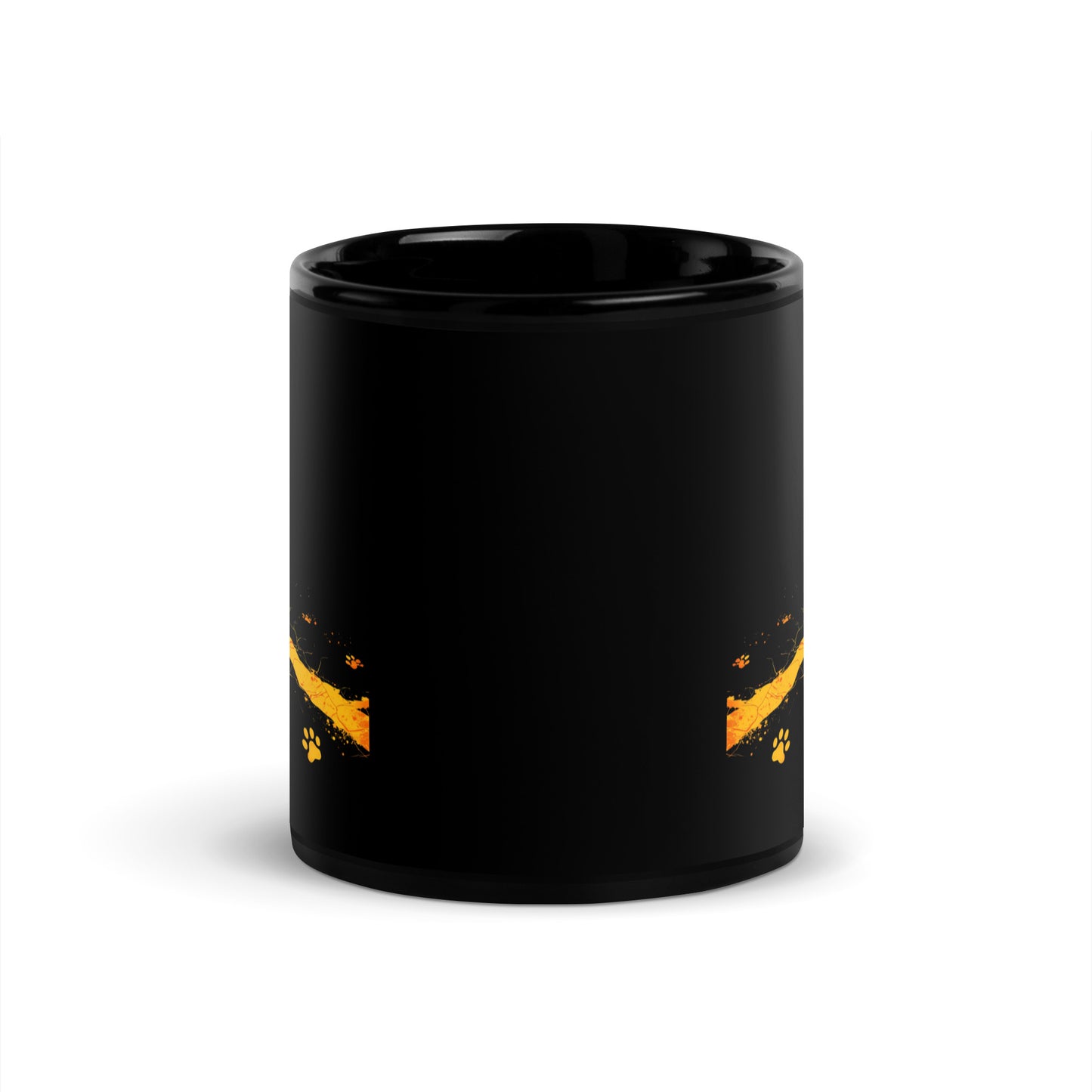 Black cat coffee mug with dark cat art and orange glow on black ceramic