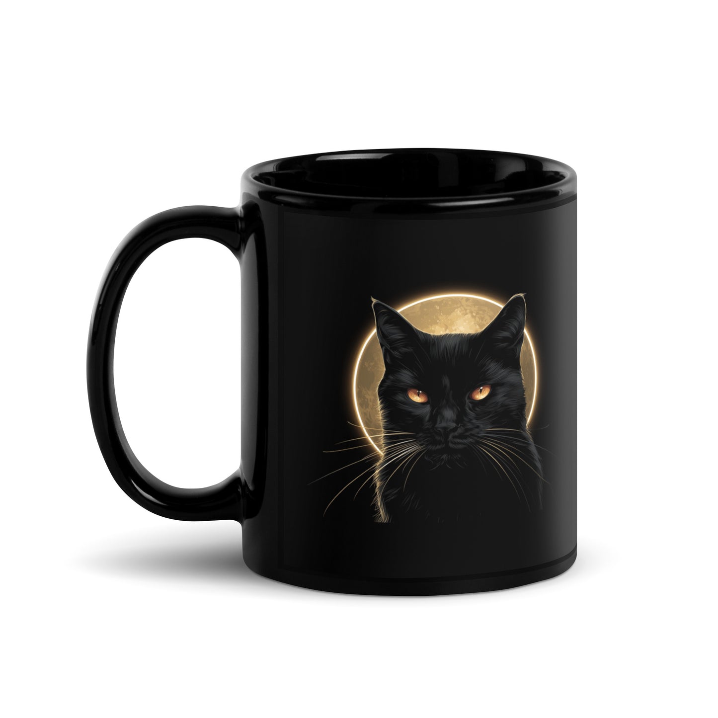 Product Black cat lover mug with celestial full moon design on black ceramic cup