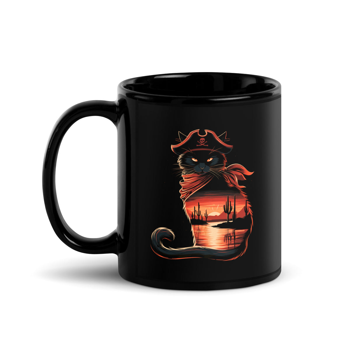Black mug showcasing a pirate cat with a sunset and cacti illustration