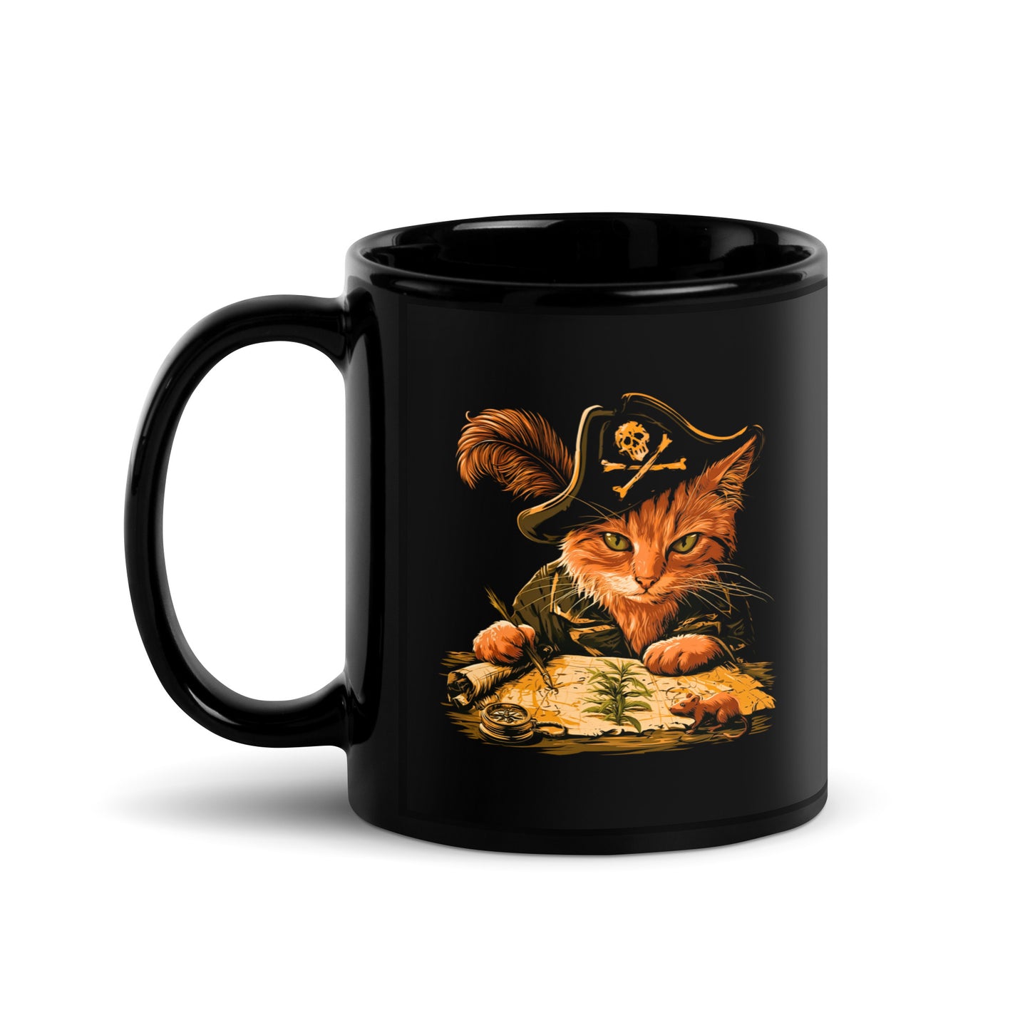 Black mug with a pirate cat examining a treasure map
