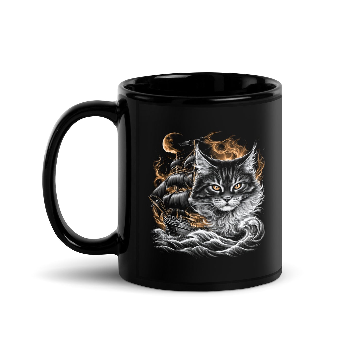 Black mug showcasing a cat with a ship and moon design