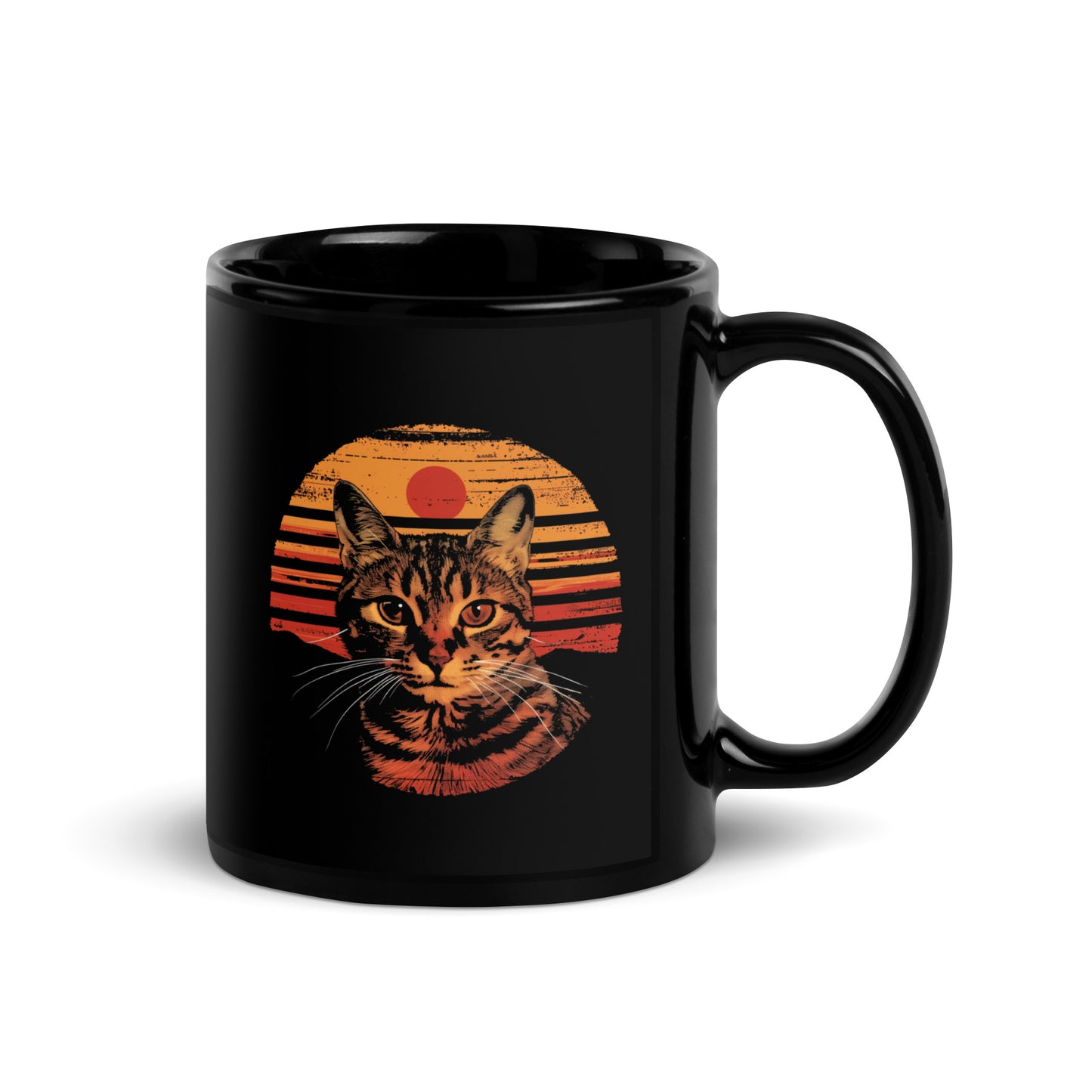 Tabby cat coffee mug with vintage sunset artwork.
