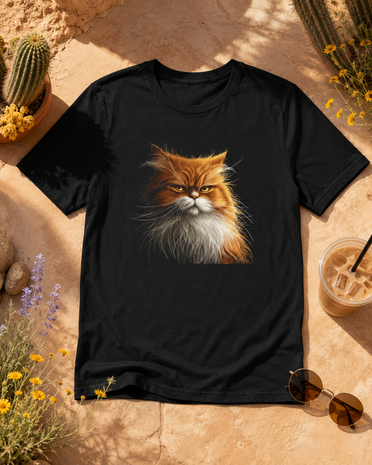 Black orange cat graphic t-shirt styled on a warm Arizona desert flat lay with cactus, wildflowers, iced coffee, and sunglasses.