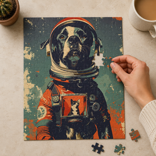 Close-up of astronaut dog jigsaw puzzle with human hand placing piece, highlighting retro distressed spacesuit details and curious cat in pocket viewport