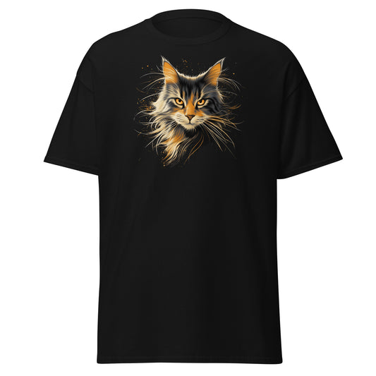 Neighborhood Feral Messenger Shirt with long-haired feral cat portrait and glowing gold detail on black tee