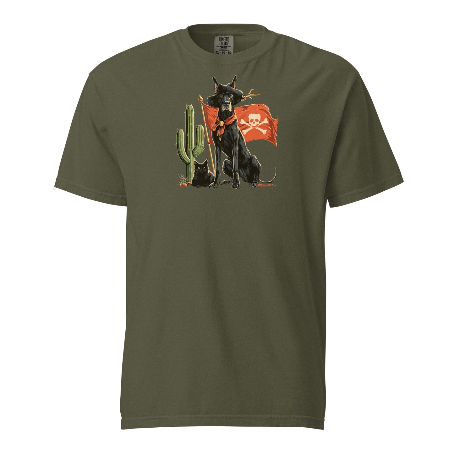 Olive crew t-shirt featuring a dog with a pirate flag and a cactus