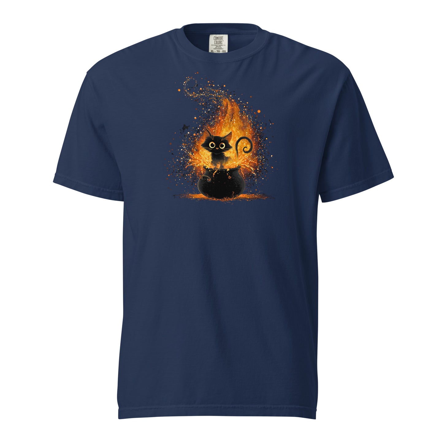 a black crewneck t-shirt with a little black cat and a bubbling cauldron of trouble.
