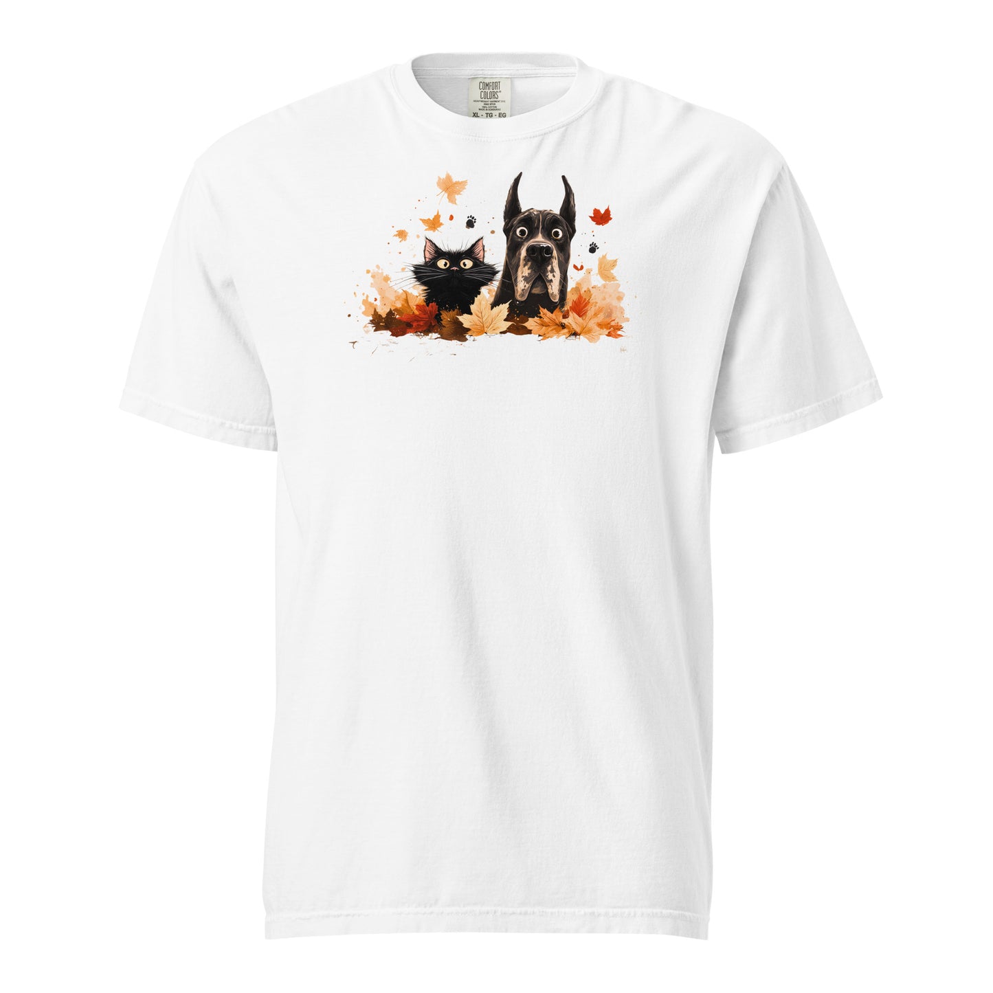 White t-shirt with a Great Dane, black cat and autumn leaves design