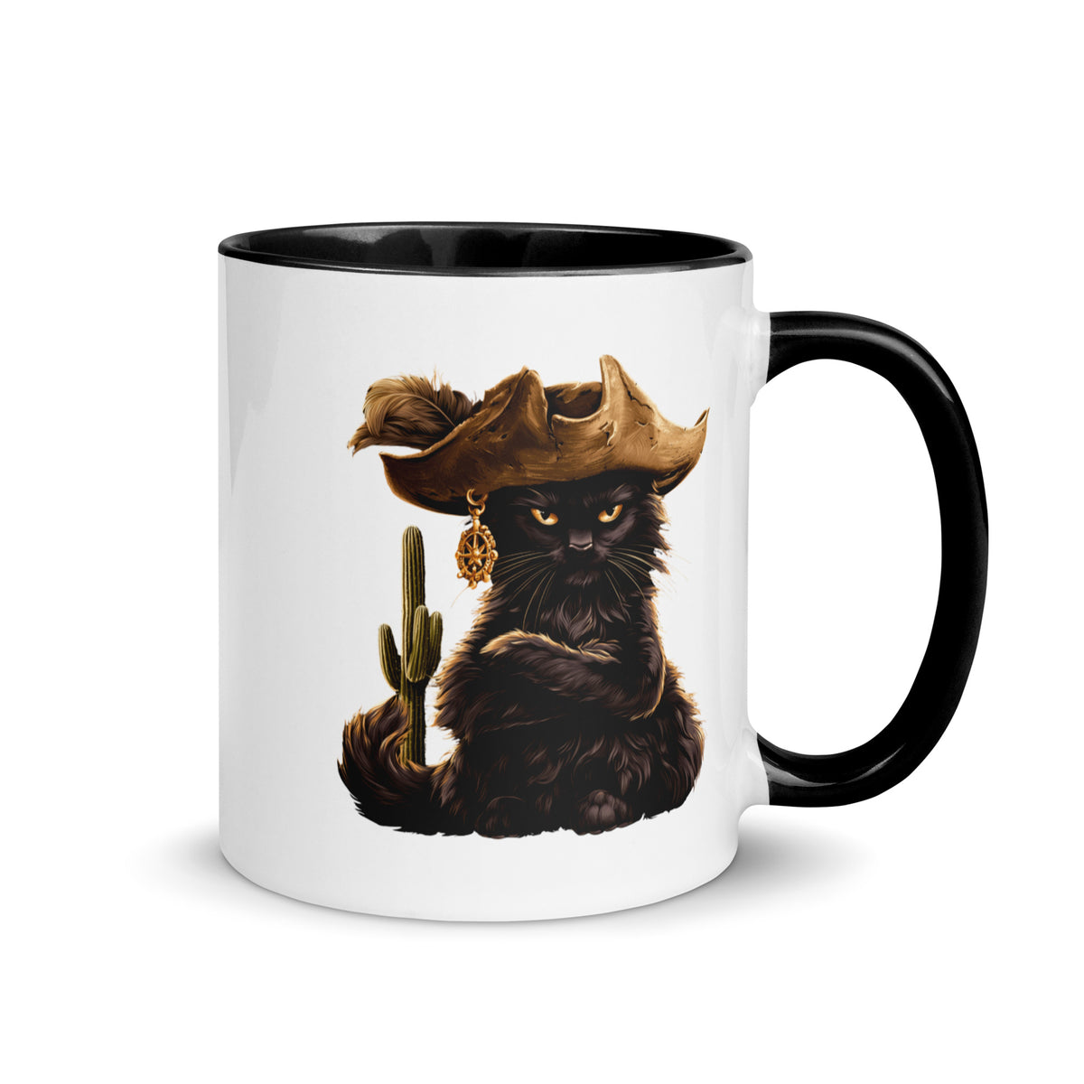 Black cat in a cowboy hat with a cactus on a white mug with a black interior