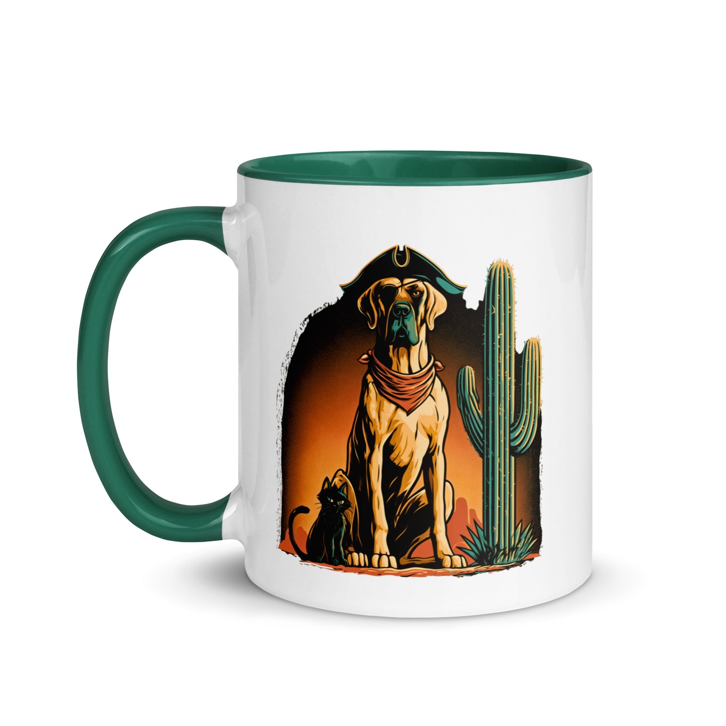 High Desert Rogues Mug with a green handle, featuring a dog in a pirate hat and a cat